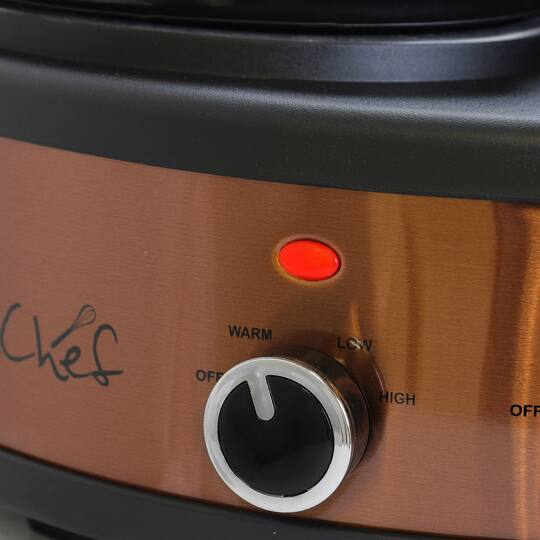 MegaChef Brushed Copper & Black Round Triple 1.5qt. Slow Cooker & Buffet Server Finish With 3 Ceramic Cooking Pots & Removable Lid Rests